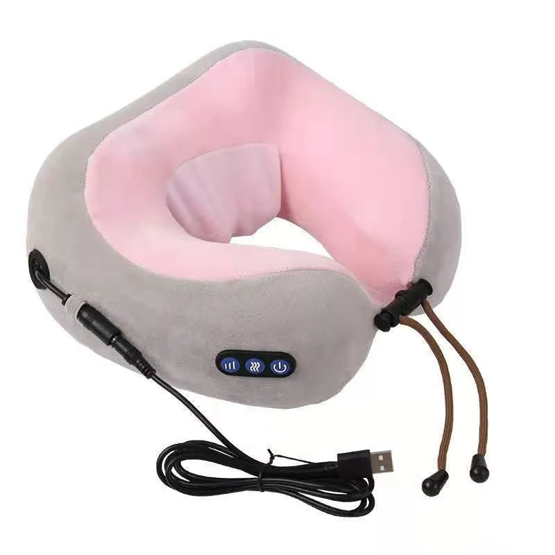 Brown U-shaped electric neck massage pillow with heat function and USB charging port