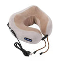 Brown U-shaped electric neck massage pillow with heat function and USB charging port