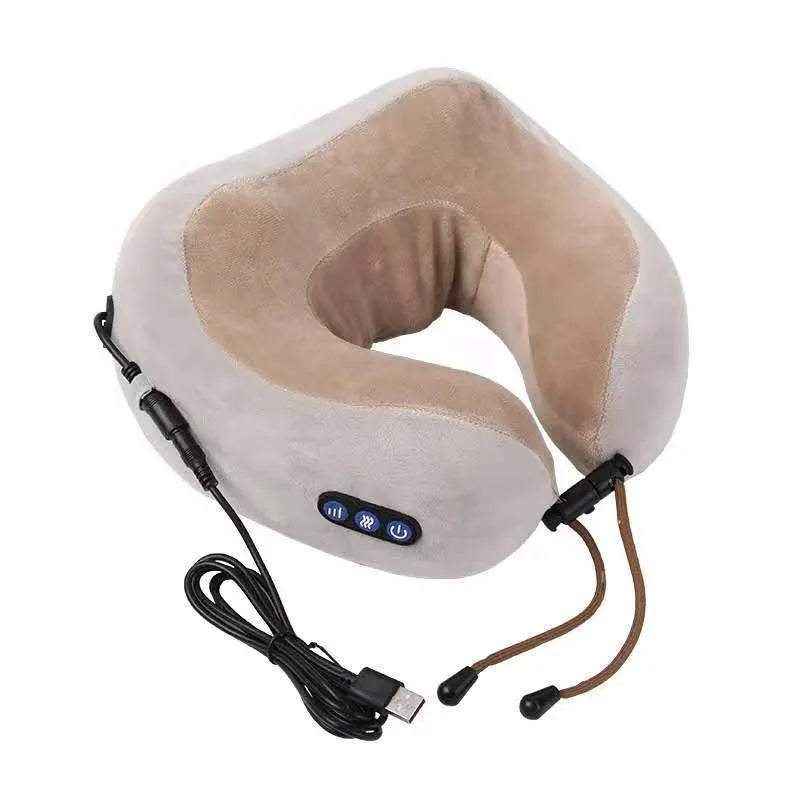 Brown U-shaped electric neck massage pillow with heat function and USB charging port