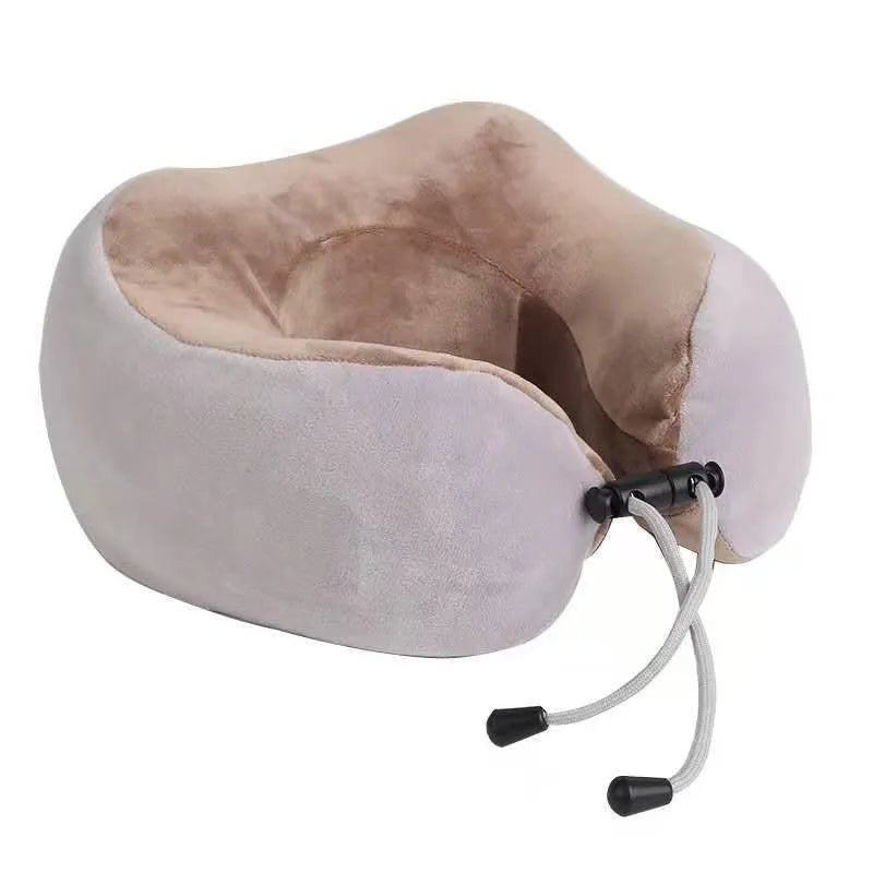Brown U-shaped electric neck massage pillow with heat function and USB charging port