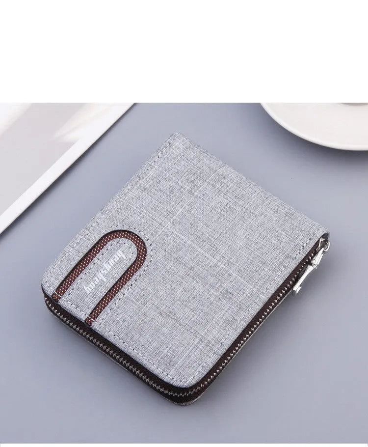 Men's canvas zipper wallet with multiple card slots, retro stitching, available in Black, Brown, Light Grey