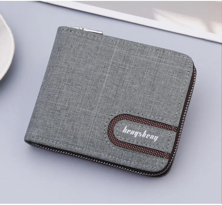 Men's canvas zipper wallet with multiple card slots, retro stitching, available in Black, Brown, Light Grey