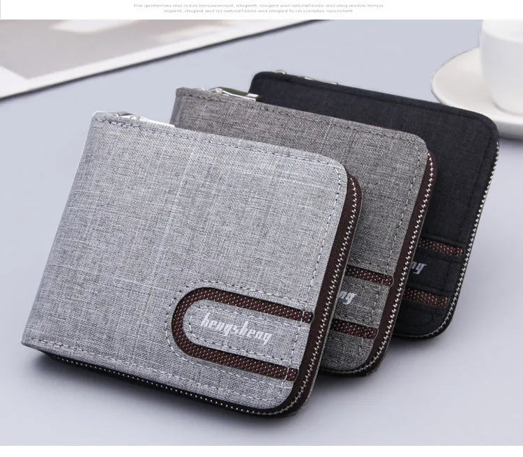 Men's canvas zipper wallet with multiple card slots, retro stitching, available in Black, Brown, Light Grey