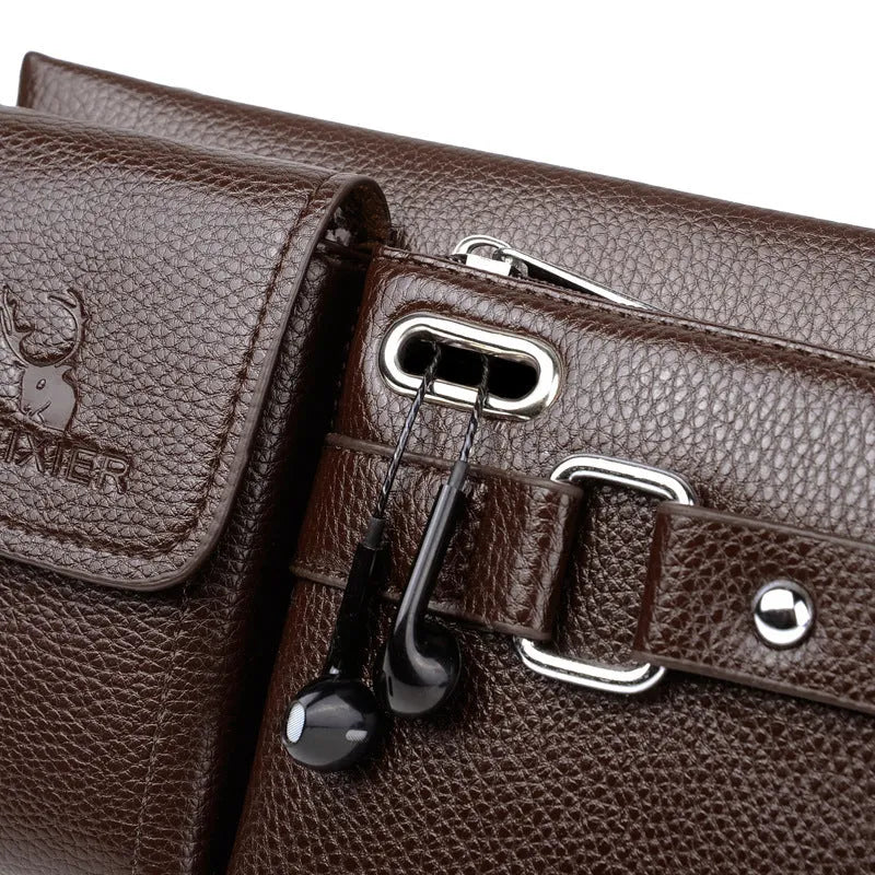 Men's PU leather waist bag small horizontal square waterproof with zipper and belt decoration