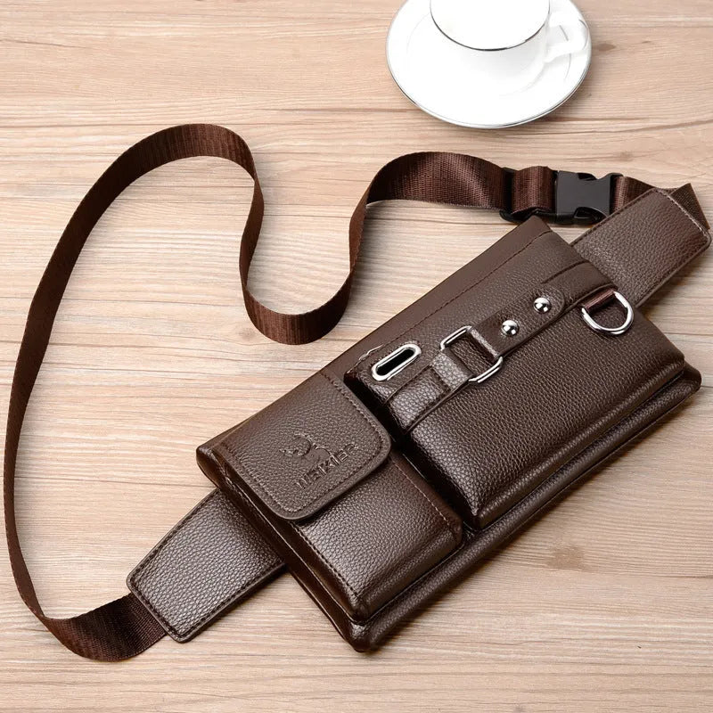 Men's PU leather waist bag small horizontal square waterproof with zipper and belt decoration