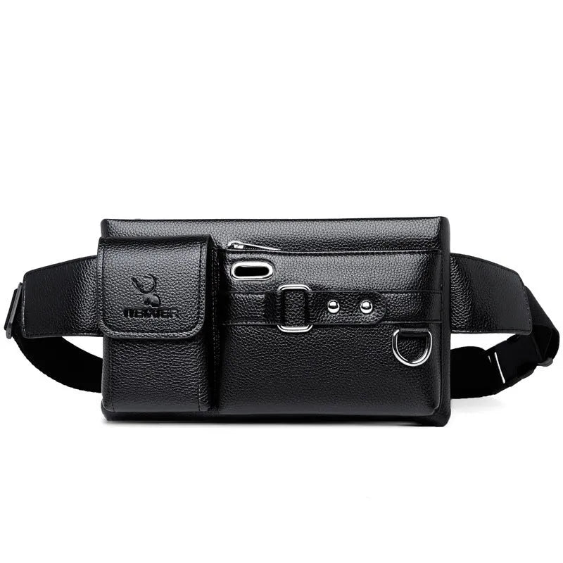 Men's PU leather waist bag small horizontal square waterproof with zipper and belt decoration