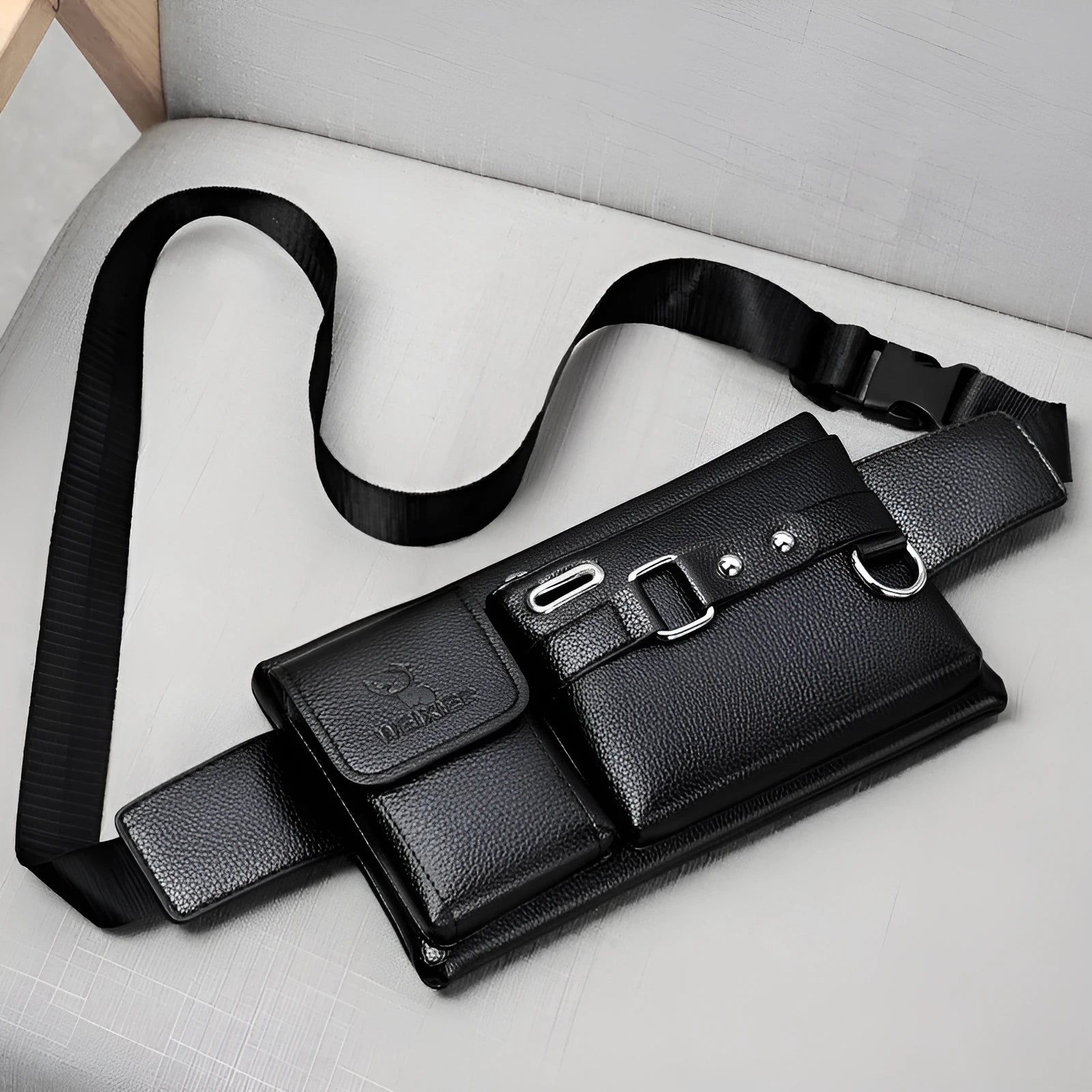 Men's PU leather waist bag small horizontal square waterproof with zipper and belt decoration