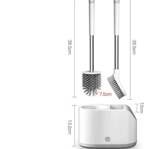White silicone toilet brush set with long handle, soft TPR head, and second cleaning brush on a bathroom floor