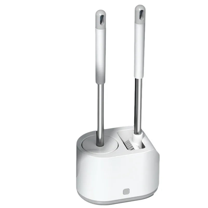 White silicone toilet brush set with long handle, soft TPR head, and second cleaning brush on a bathroom floor