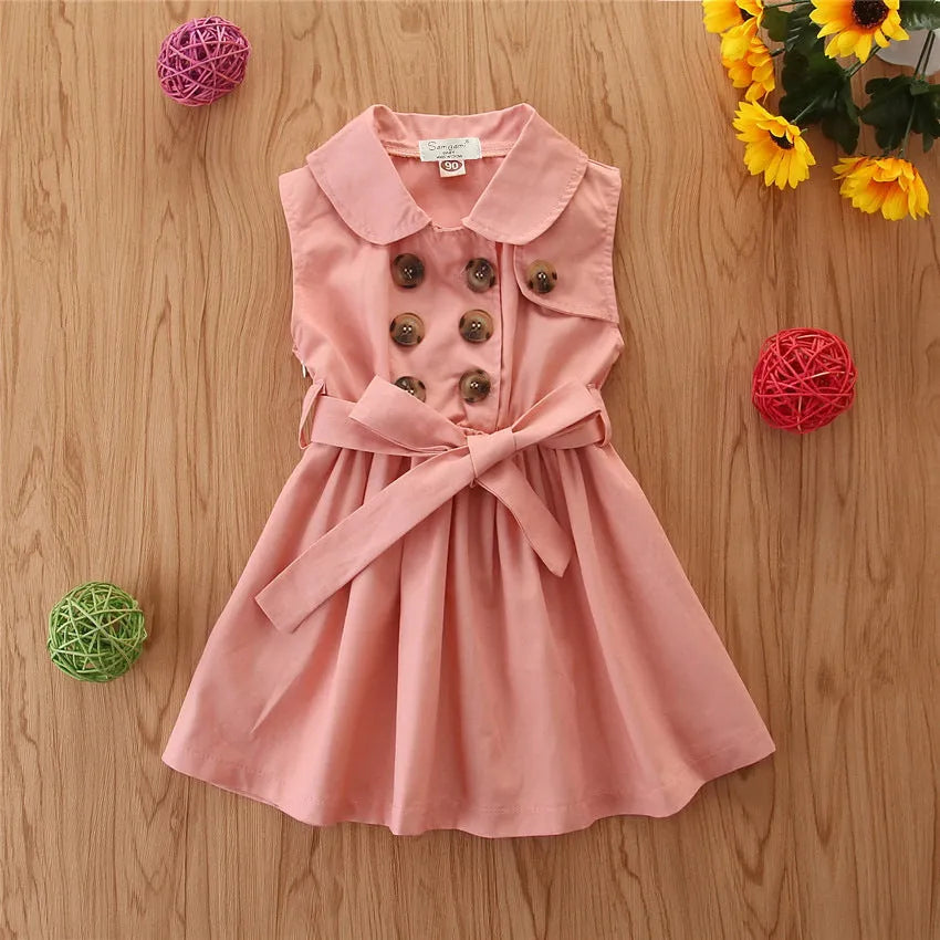 Cotton toddler girl's sleeveless princess A-line dress with sash bow button fastening in pink colour