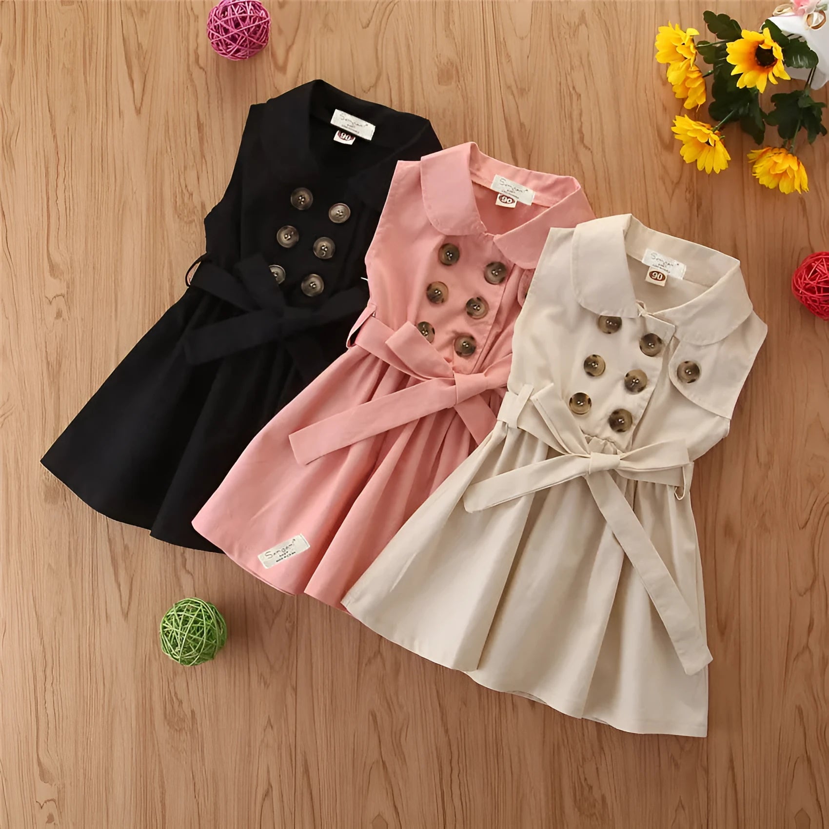 Cotton toddler girl's sleeveless princess A-line dress with sash bow button fastening in pink colour
