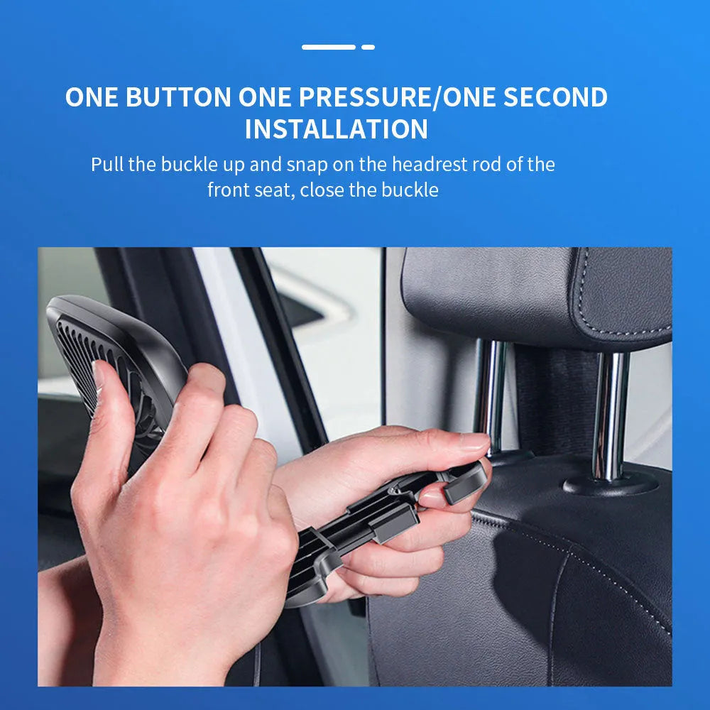Baseus folding car rear seat fan in white plastic with piano button switch, 15.5 x 140 cm