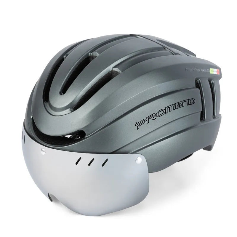 Adult mountain bike helmet with integrated LED light in black and white colour, side view showing adjustable fit system