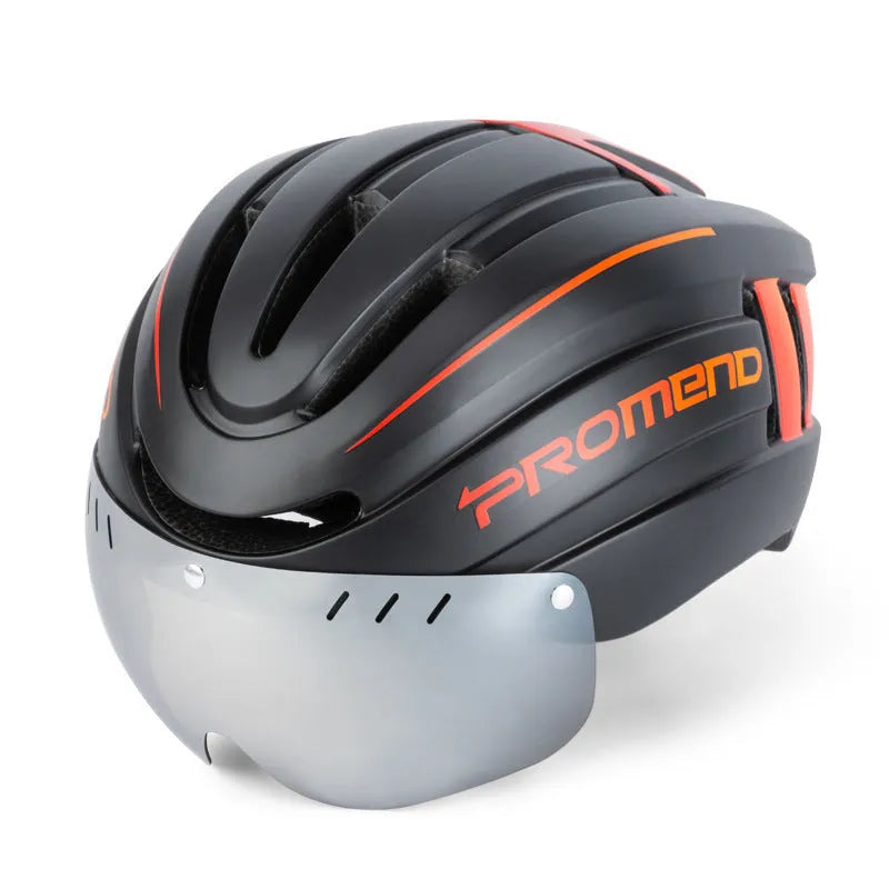Adult mountain bike helmet with integrated LED light in black and white colour, side view showing adjustable fit system