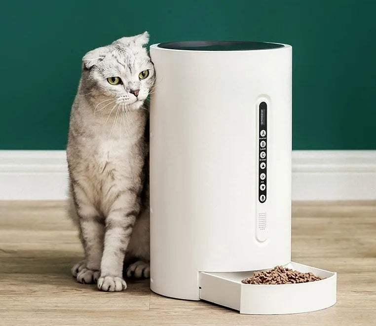 White smart pet feeder with 4.6L dry food capacity and automatic dispensing mechanism