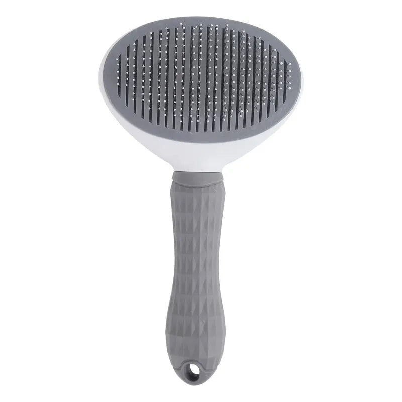Blue self-cleaning pet comb with fine stainless steel teeth and rubber body on white background