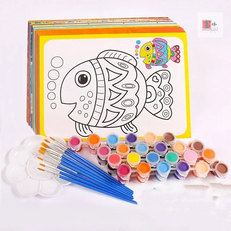 Children's gouache painting set showing sketchpad with pre-drawn pictures, rows of pigment, painting pens, and a palette.