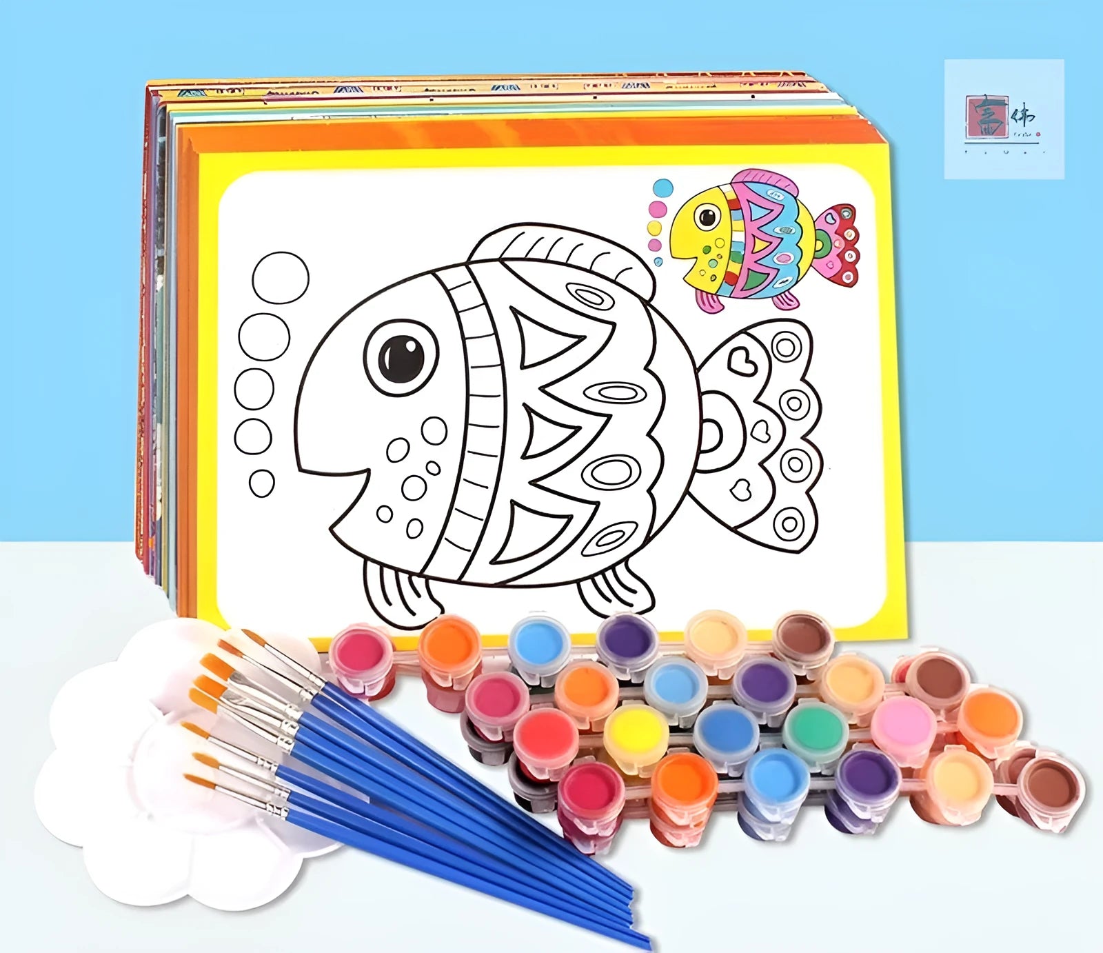 Children's gouache painting set showing sketchpad with pre-drawn pictures, rows of pigment, painting pens, and a palette.