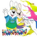 Children's gouache painting set showing sketchpad with pre-drawn pictures, rows of pigment, painting pens, and a palette.