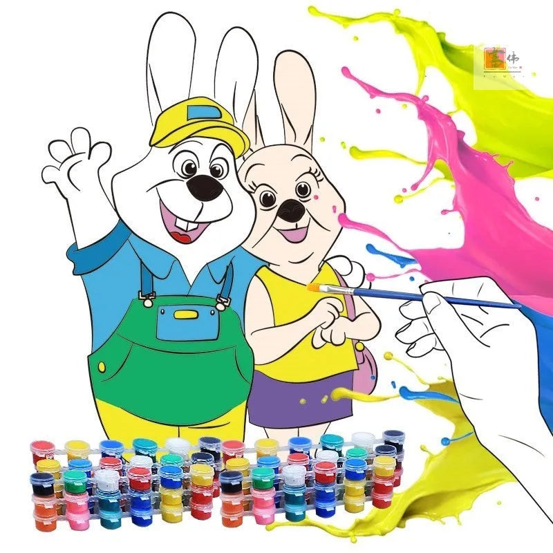 Children's gouache painting set showing sketchpad with pre-drawn pictures, rows of pigment, painting pens, and a palette.