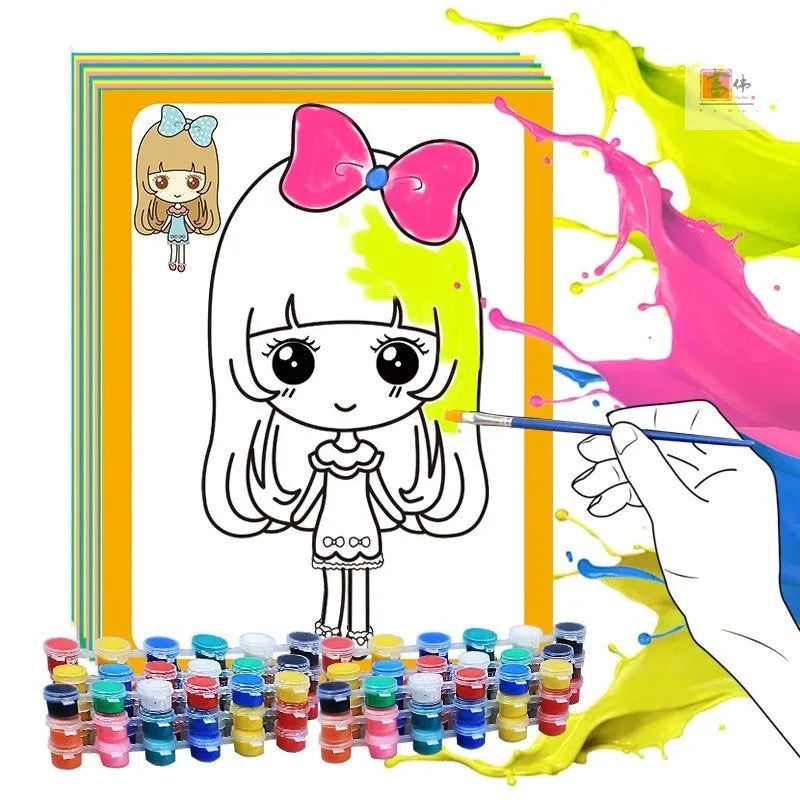 Children's gouache painting set showing sketchpad with pre-drawn pictures, rows of pigment, painting pens, and a palette.