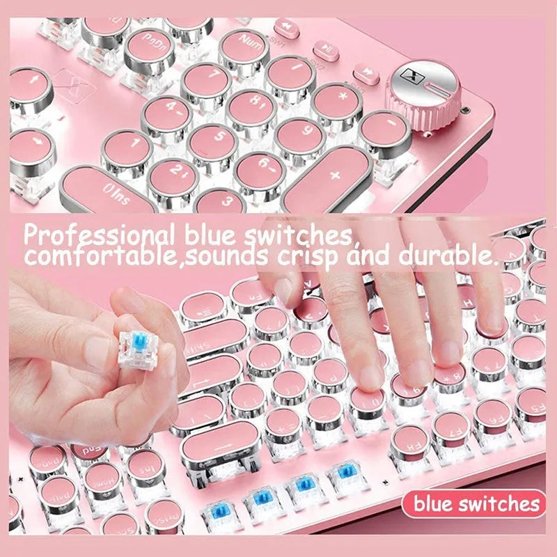Wired mechanical keyboard and mouse set in green axis Ultimate Edition with white light and silver bottom pink finish