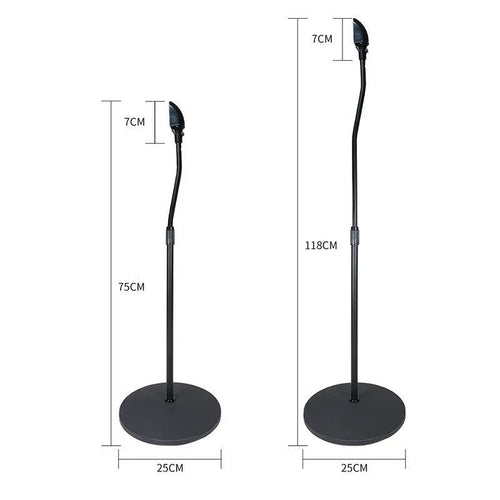 A pair of black tripod stands holding bookshelf speakers for a surround sound system.