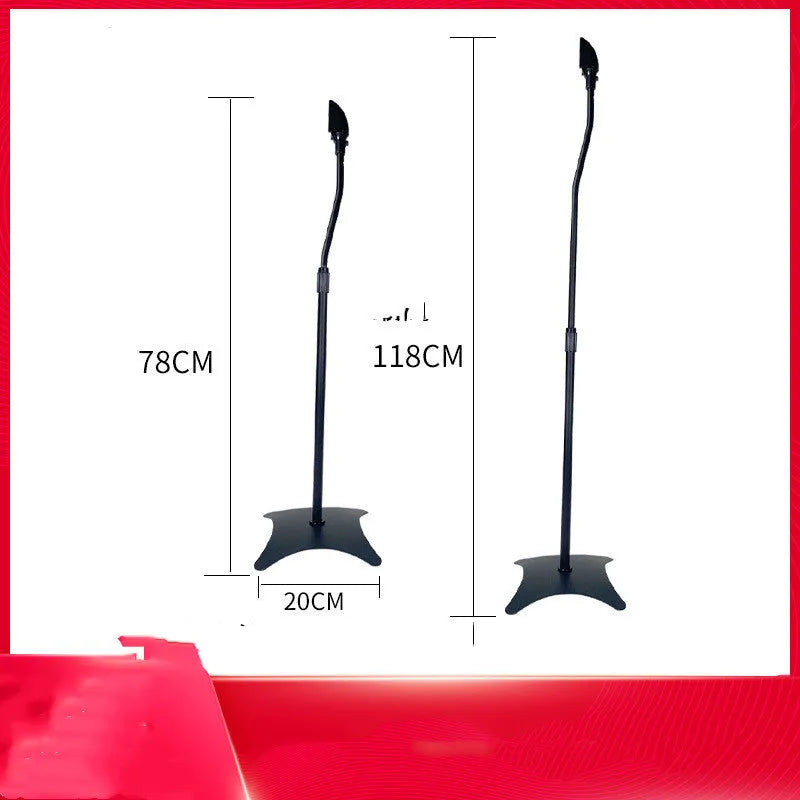A pair of black tripod stands holding bookshelf speakers for a surround sound system.
