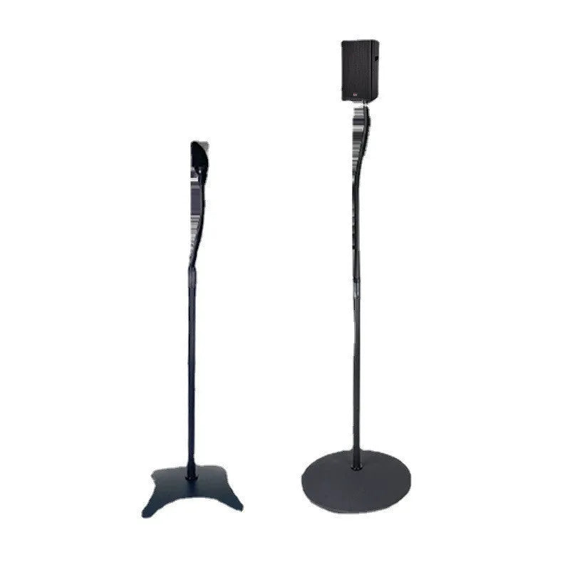 A pair of black tripod stands holding bookshelf speakers for a surround sound system.