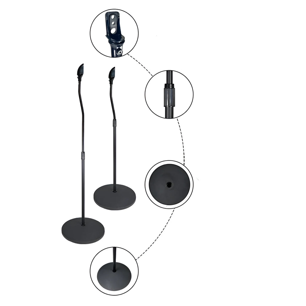 A pair of black tripod stands holding bookshelf speakers for a surround sound system.
