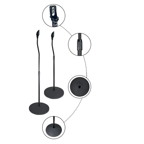 A pair of black tripod stands holding bookshelf speakers for a surround sound system.