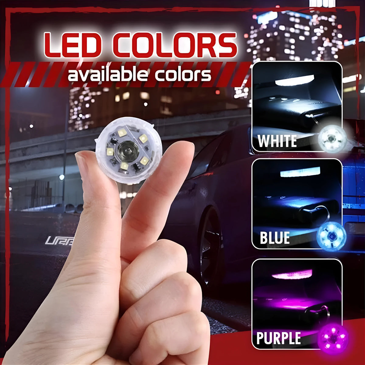 Car interior touch atmosphere light with PCB, showing white, ice blue, purple colour options for cabin use.