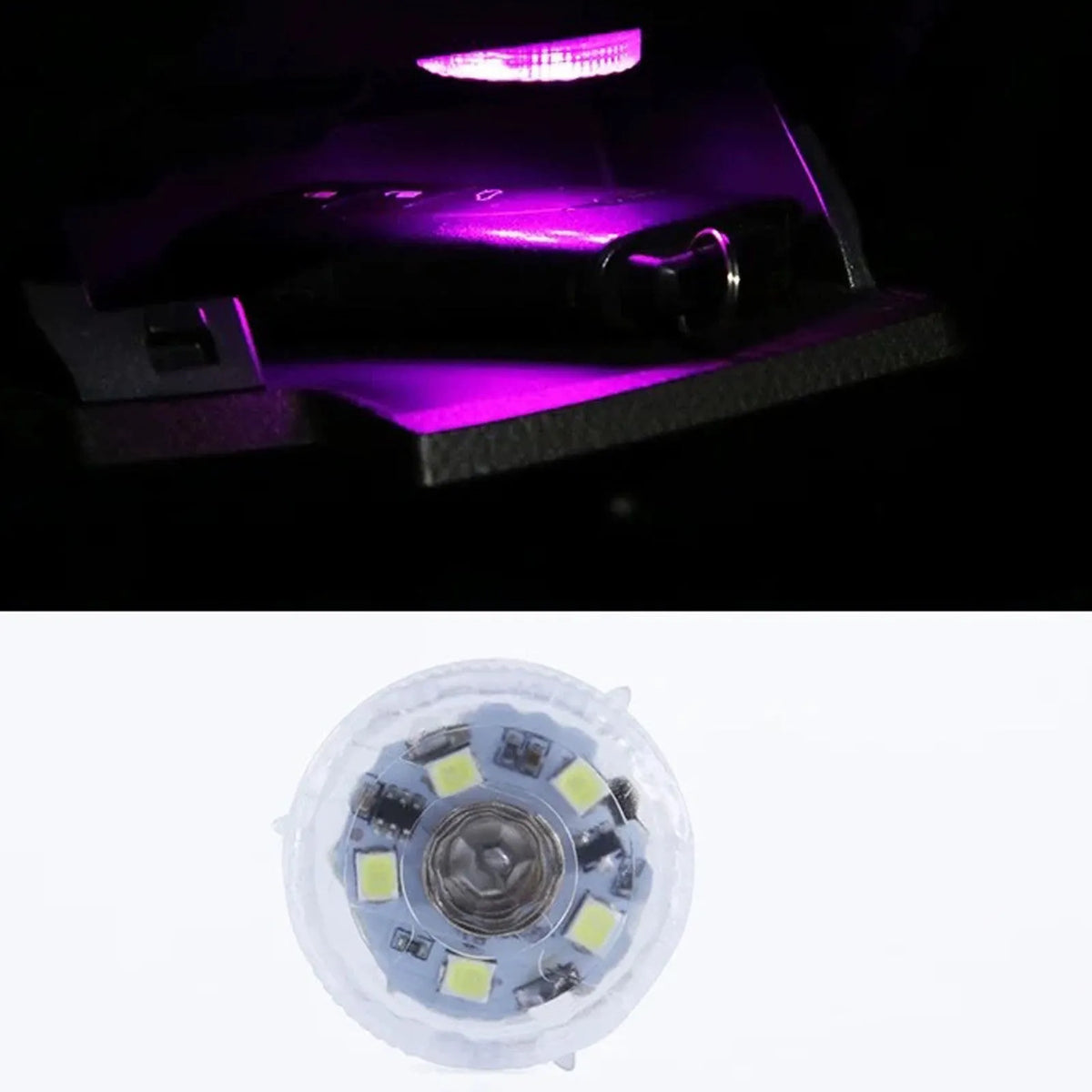 Car interior touch atmosphere light with PCB, showing white, ice blue, purple colour options for cabin use.
