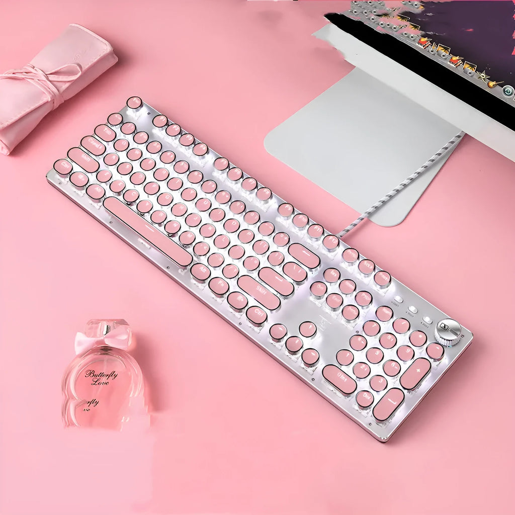 Wired mechanical keyboard and mouse set in green axis Ultimate Edition with white light and silver bottom pink finish