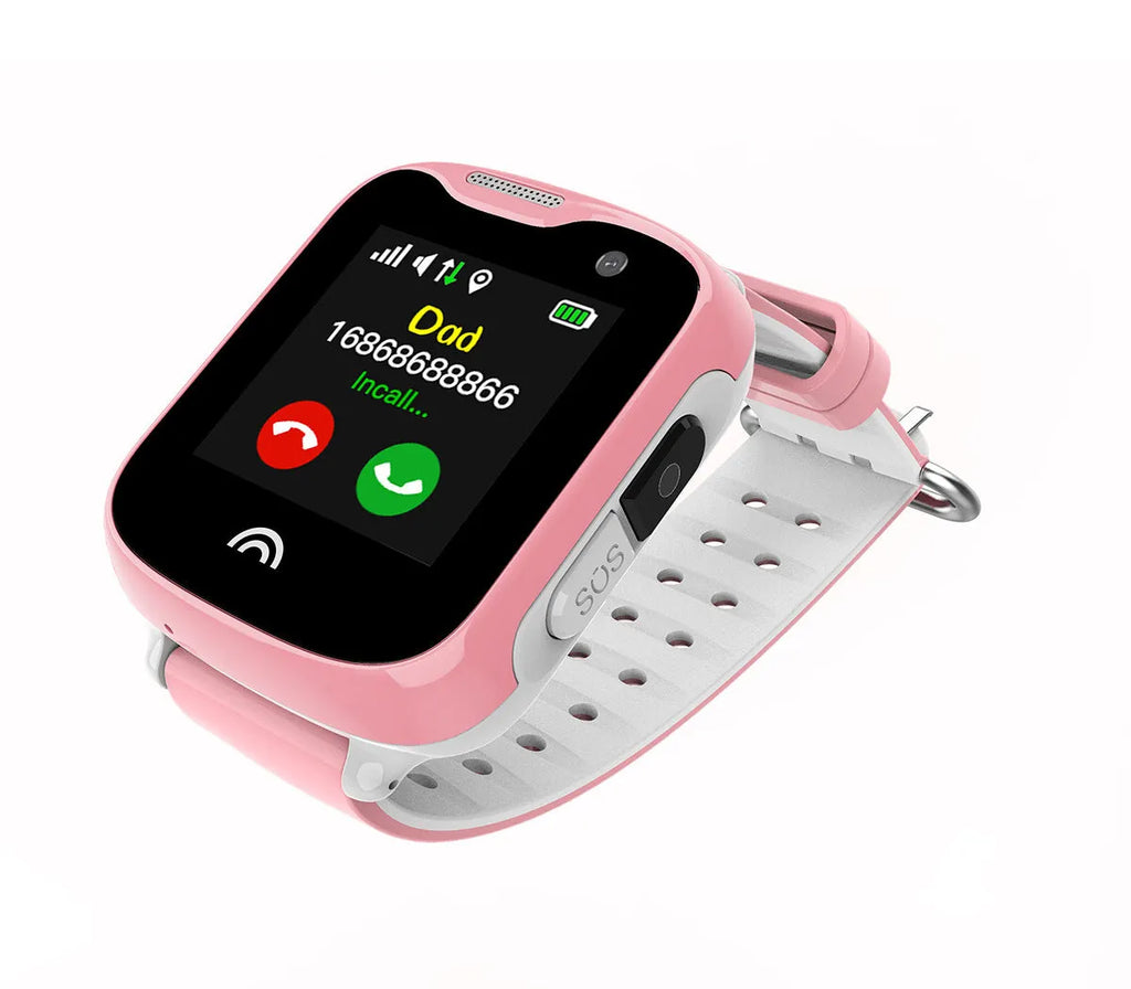 Children's waterproof touchscreen smart phone watch with silicone strap in black, blue, or pink colours.