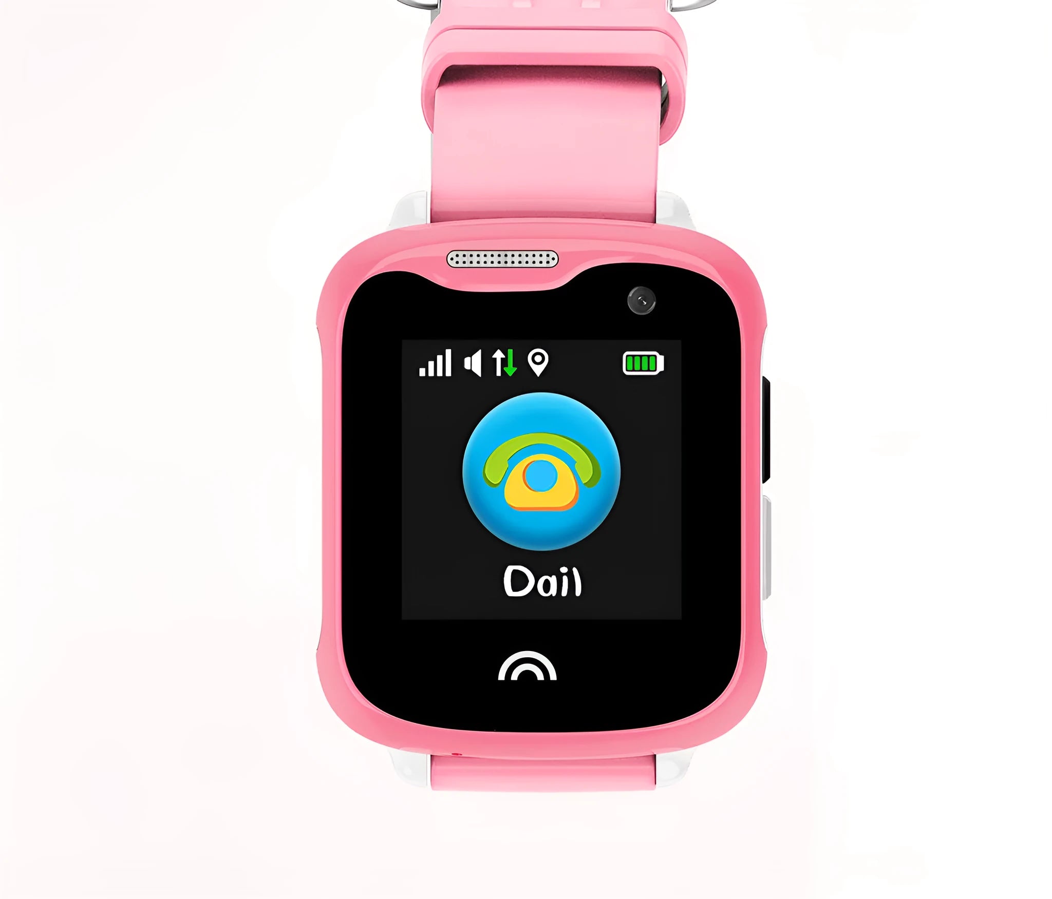 Children's waterproof touchscreen smart phone watch with silicone strap in black, blue, or pink colours.