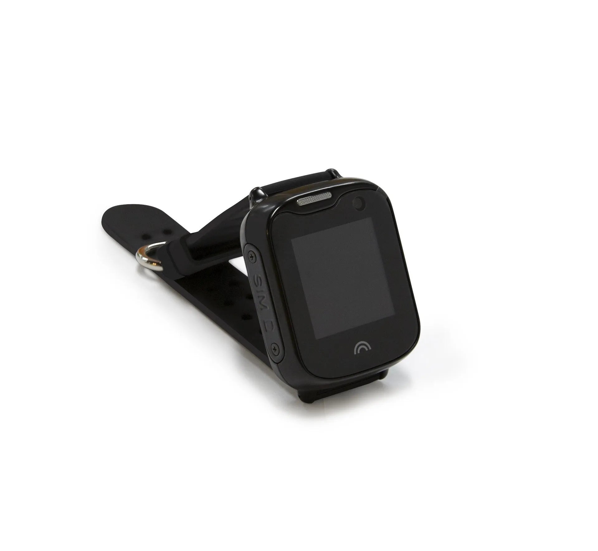 Children's waterproof touchscreen smart phone watch with silicone strap in black, blue, or pink colours.