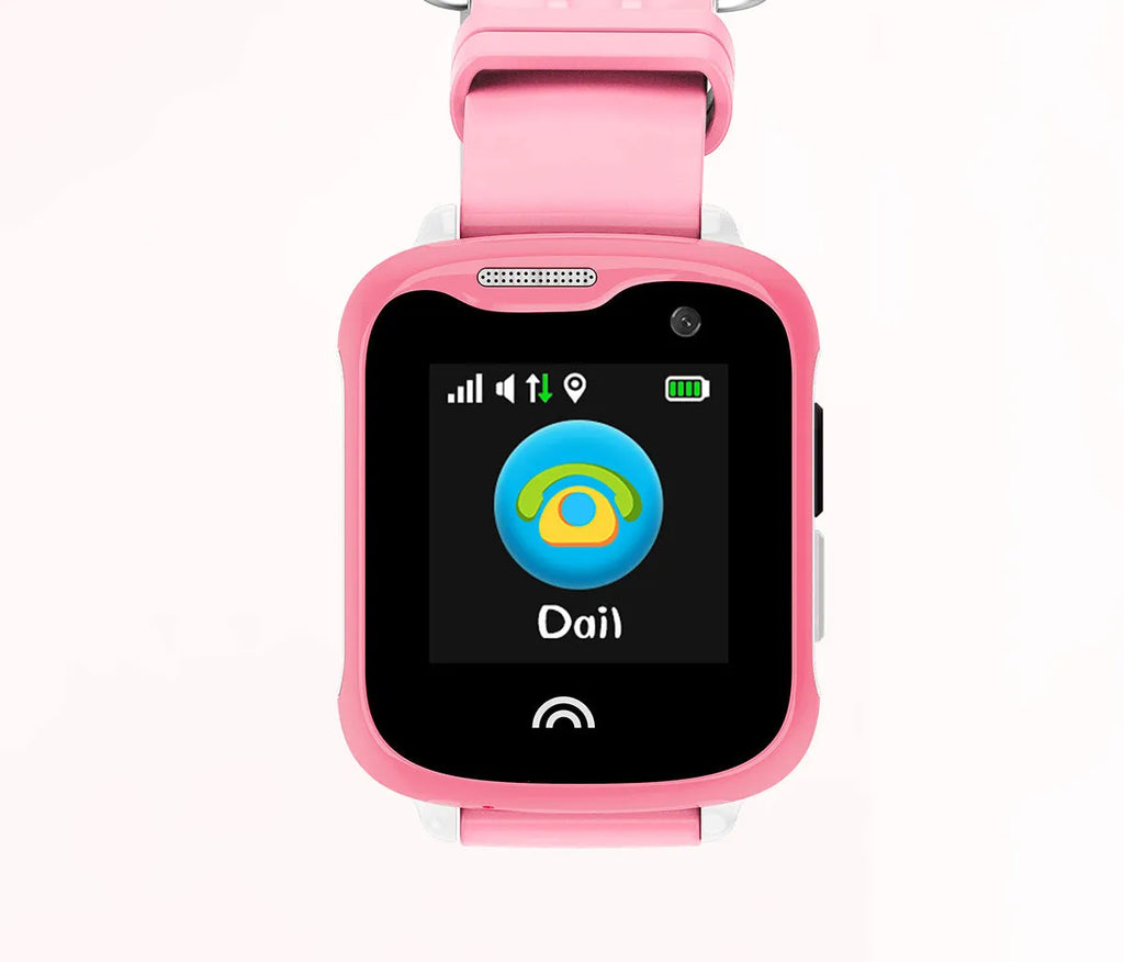 Children's waterproof touchscreen smart phone watch with silicone strap in black, blue, or pink colours.