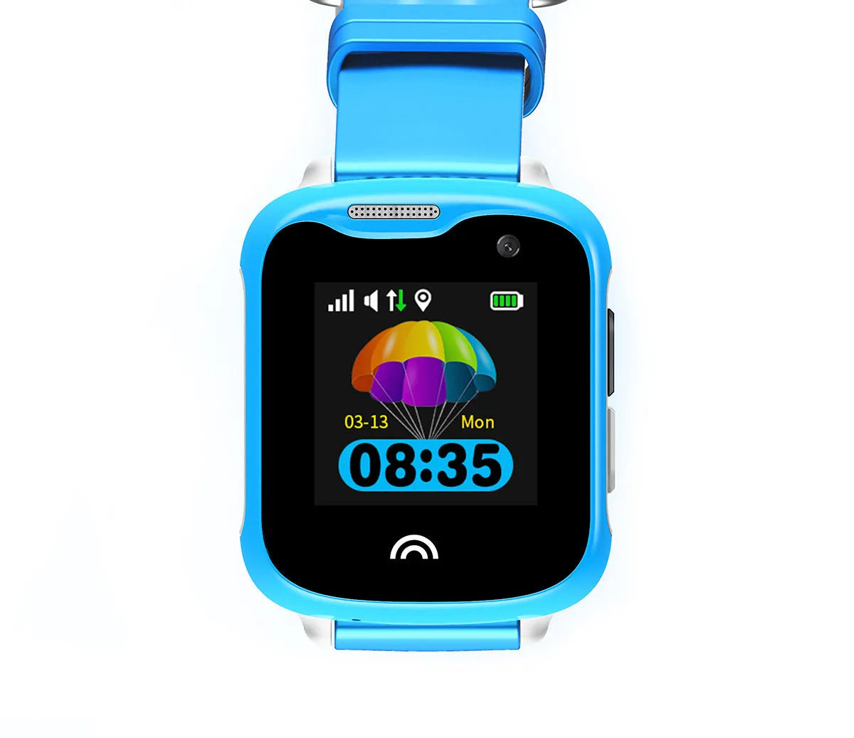 Children's waterproof touchscreen smart phone watch with silicone strap in black, blue, or pink colours.