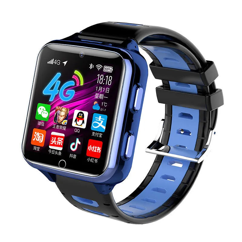 Children's smart watch with colour touch screen and silicone sports strap in black, blue, or pink.
