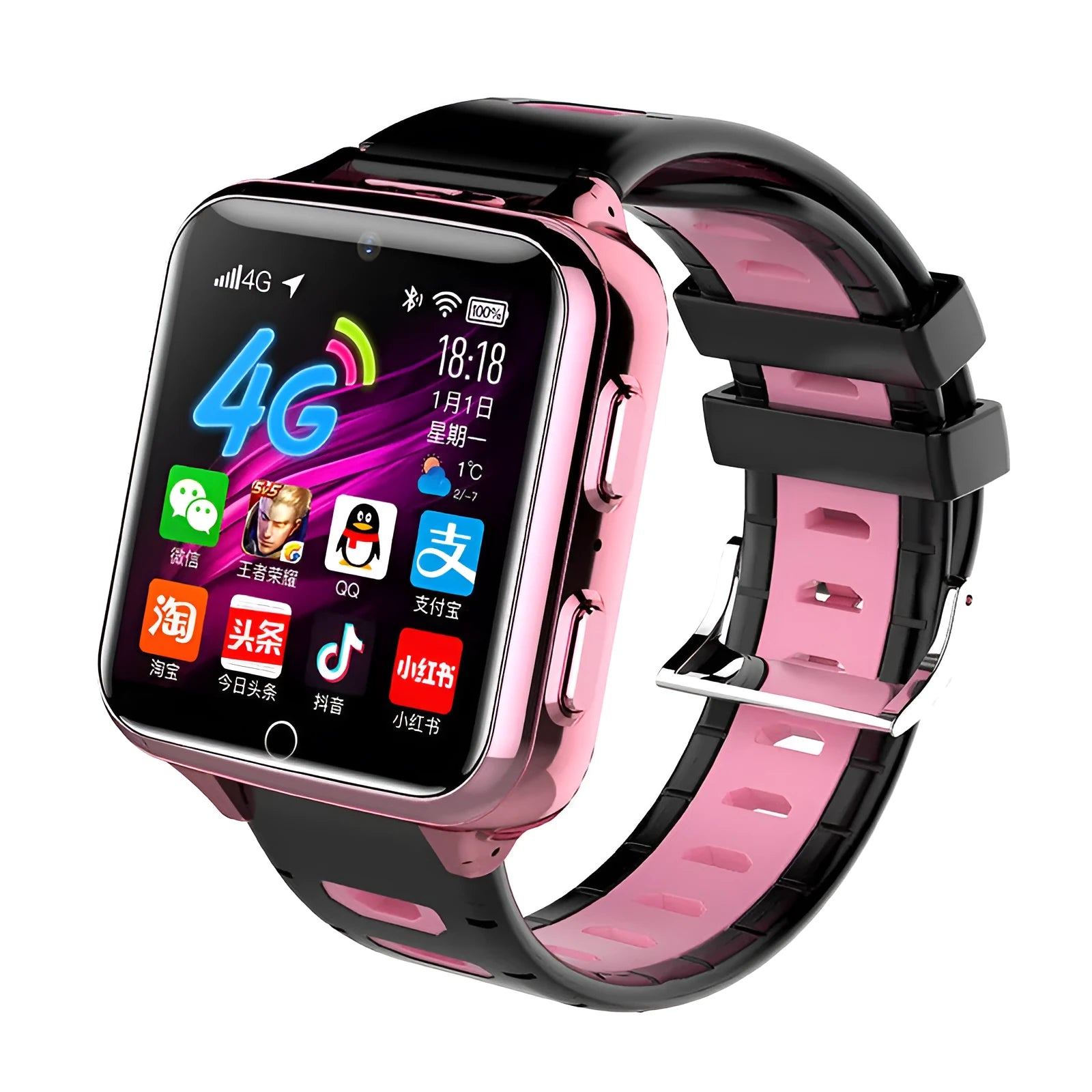 Children's smart watch with colour touch screen and silicone sports strap in black, blue, or pink.