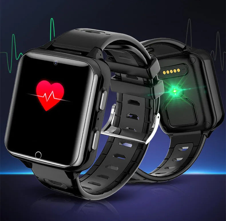Children's smart watch with colour touch screen and silicone sports strap in black, blue, or pink.