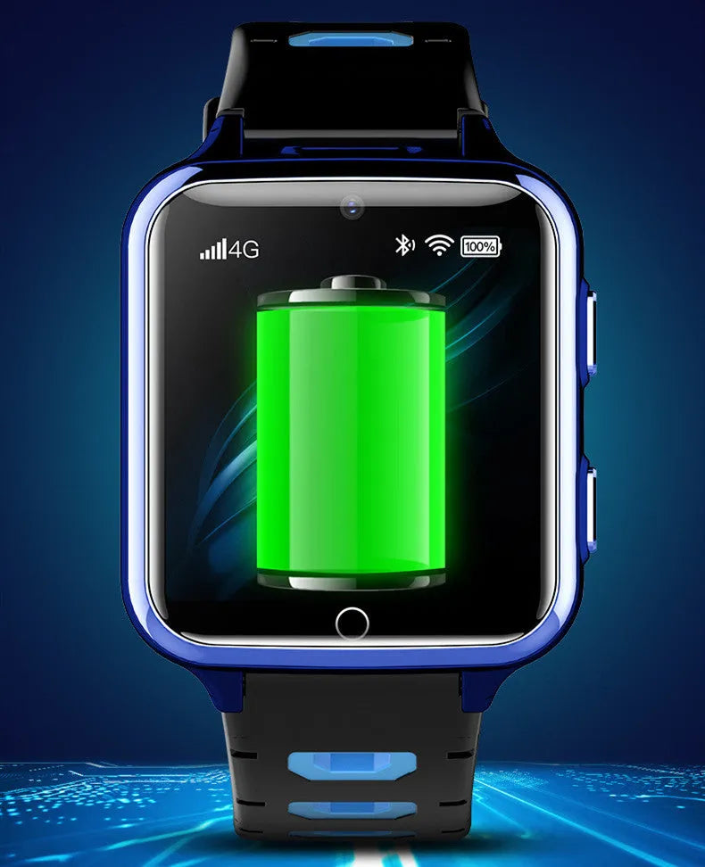 Children's smart watch with colour touch screen and silicone sports strap in black, blue, or pink.