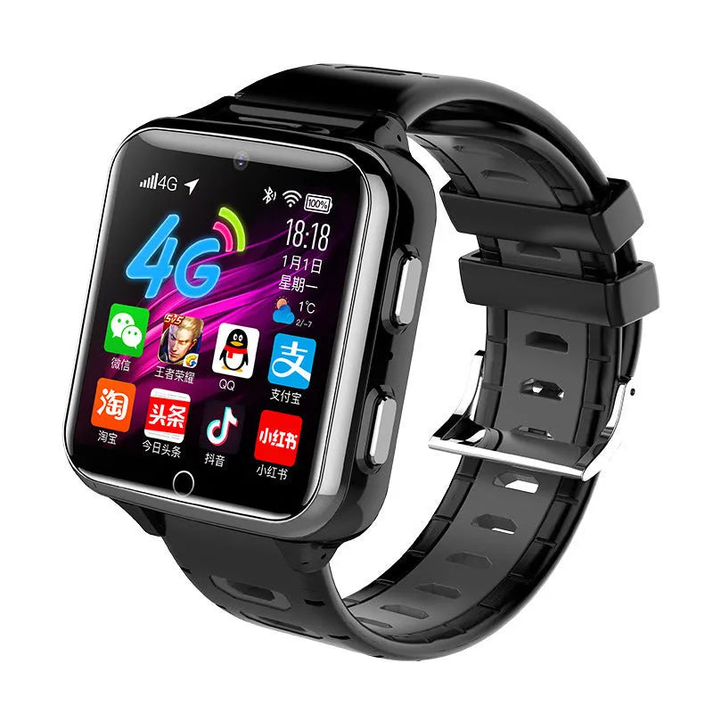 Children's smart watch with colour touch screen and silicone sports strap in black, blue, or pink.