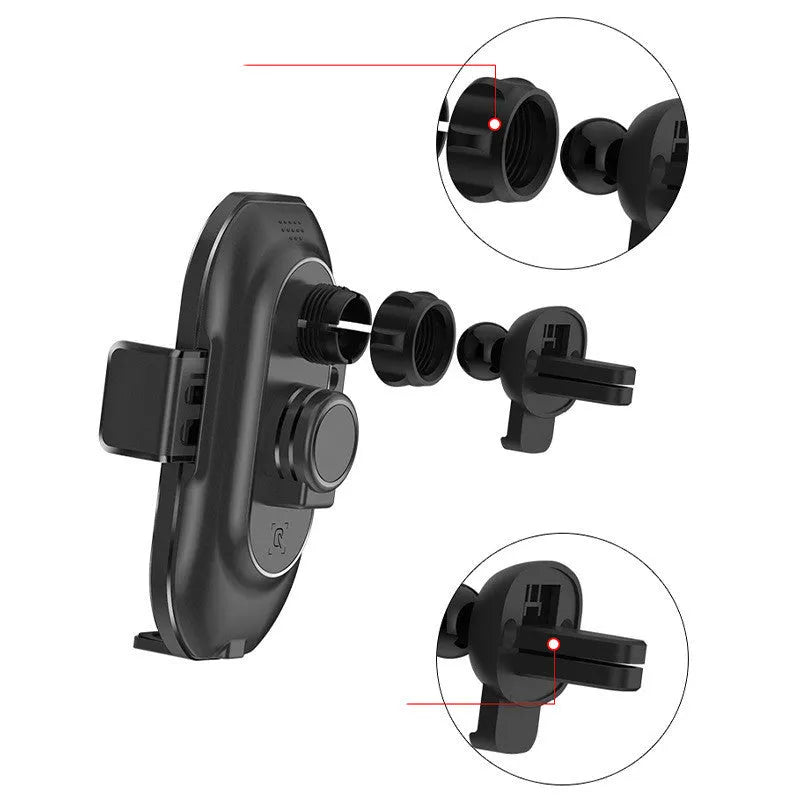 Magic Clip A7 car wireless charging mobile phone holder with black frame mounted on dashboard