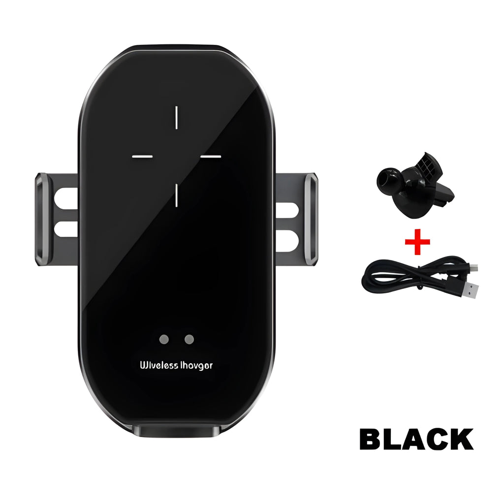 Magic Clip A7 car wireless charging mobile phone holder with black frame mounted on dashboard
