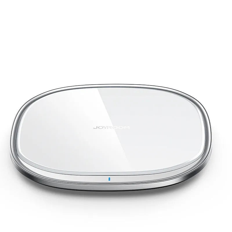 Black or white 15W wireless phone charger with zinc alloy and glass build on a desk