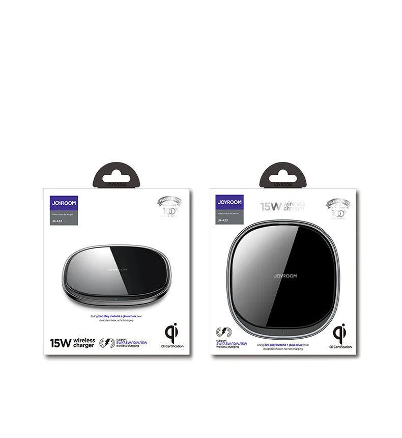 Black or white 15W wireless phone charger with zinc alloy and glass build on a desk