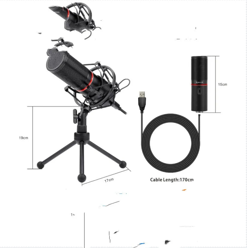 Black wired USB broadcast microphone for live streaming and gaming with noise reduction.