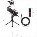 Black wired USB broadcast microphone for live streaming and gaming with noise reduction.